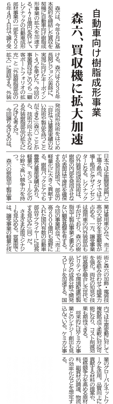 写真:化学工業日報「森六、買収機に拡大加速」記事掲載のお知らせ