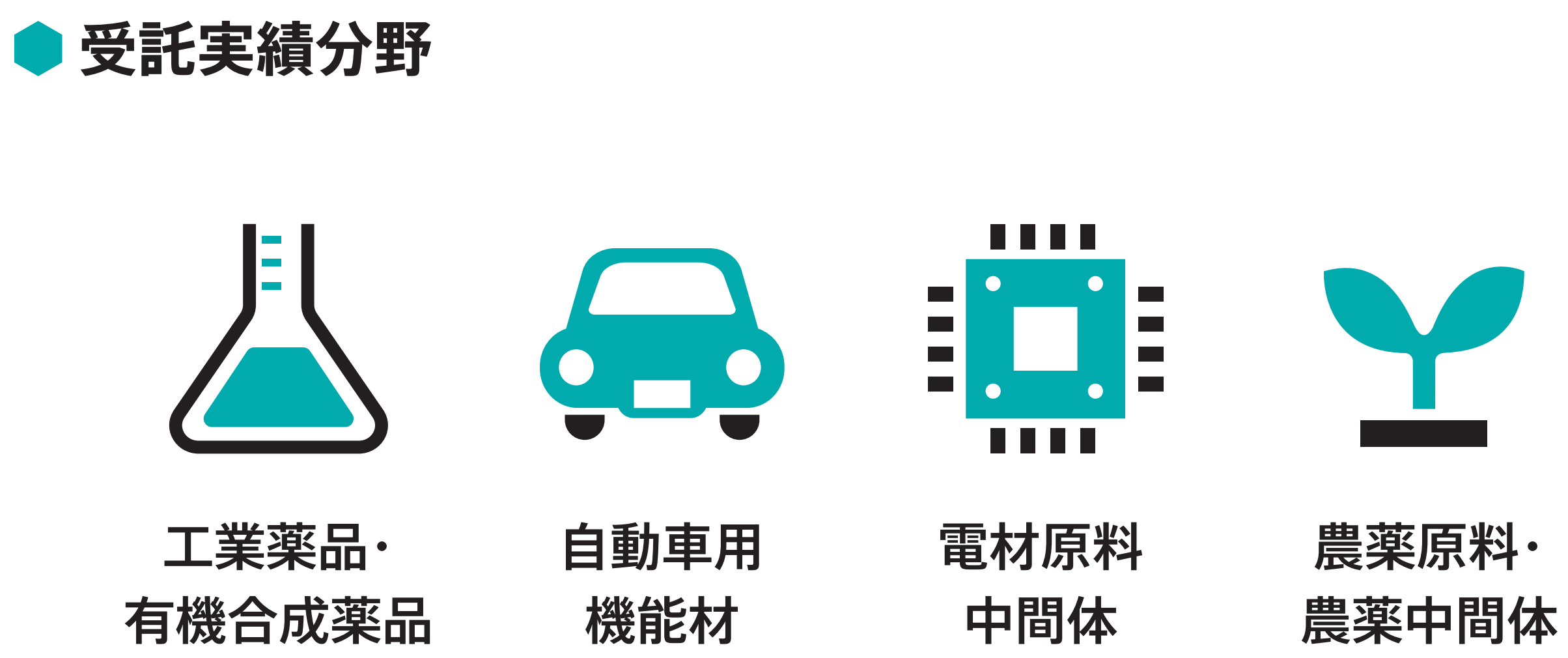受託実績分野は、工業薬品・有機合成薬品、自動車用機能材、電材原料中間体、農薬原料・農薬中間体です。